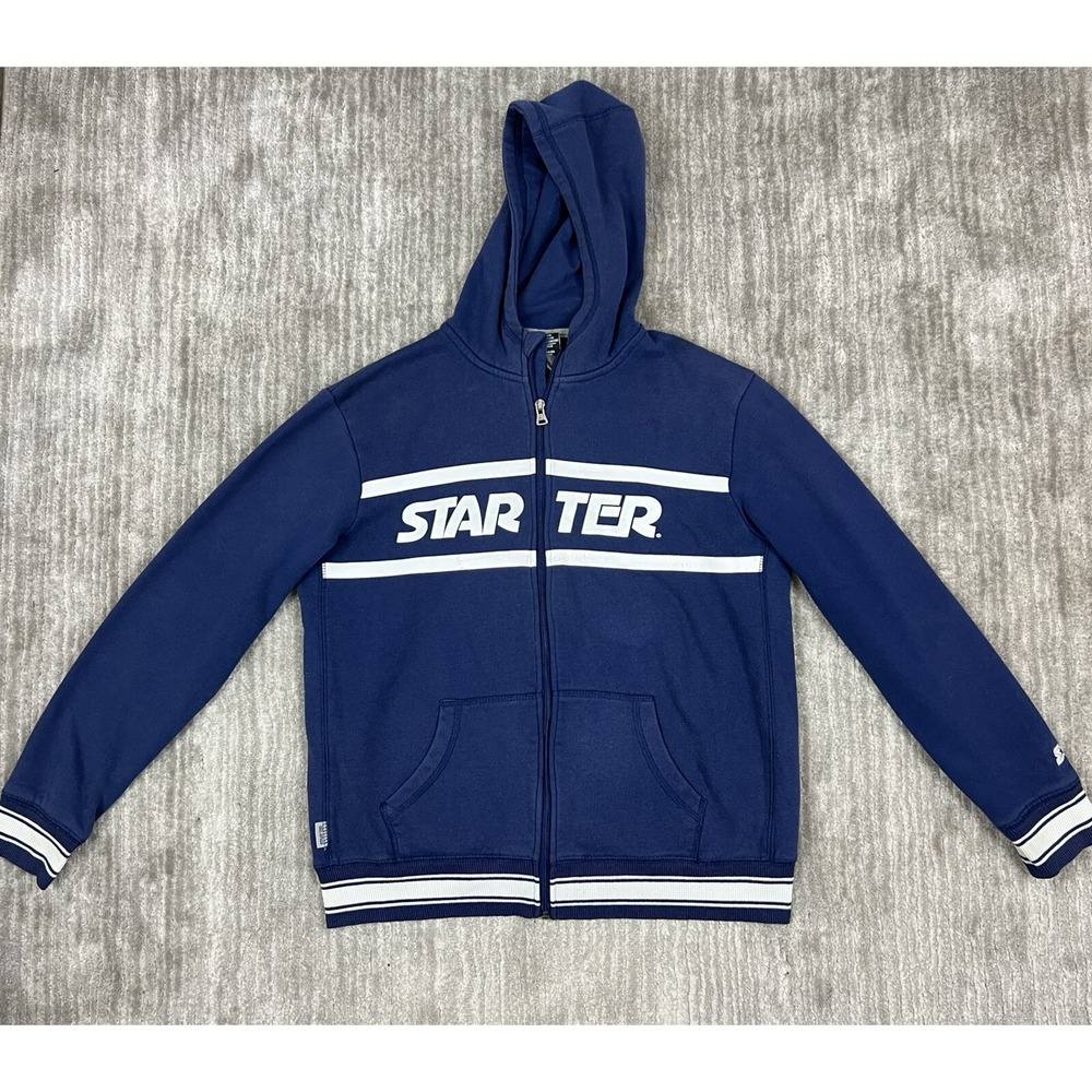 Starter Hoodie Boys L 16/18 Navy Blue Full Zip‎ Logo Striped Trim Fleece Jacket